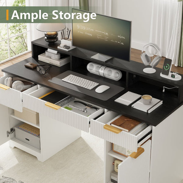 English Elm Executive Home Office Desk with Power Outlets Monitor Stand and File Storage T3773P417164