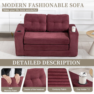 English Elm Convertible Floor Sofa Bed with Memory Foam and Ribbed Corduroy for Small Spaces Wine Red W395P438031