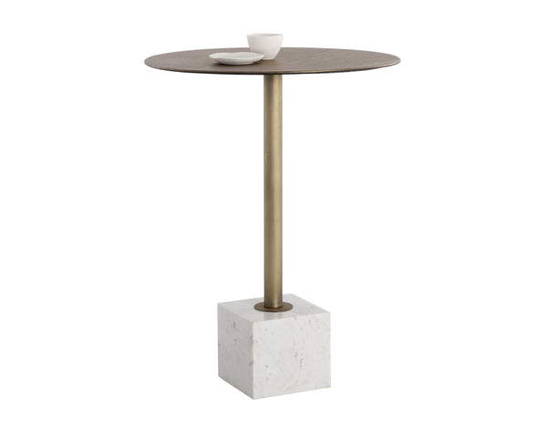 Sunpan Kata Bar Table - Opulent Antique Brass Frame with Unique Mesh Design and Elegant Marble Base White Marble