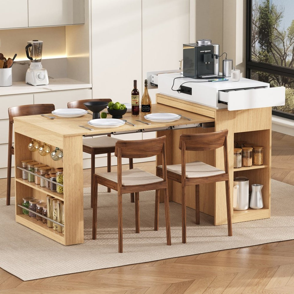 English Elm [video] Trexm Extendable Kitchen Island with Power Outlet Drawers and Rolling Base XW000028AAN