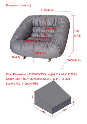 Lilys Verona Sofa Chair Cloudy Gray Nubuck Leather Fabric 44.5X41.4X27.8H(Dior-91) 9126-GRAY