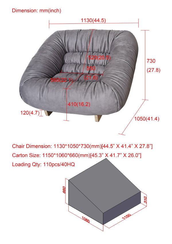 Lilys Verona Sofa Chair Cloudy Gray Nubuck Leather Fabric 44.5X41.4X27.8H(Dior-91) 9126-GRAY