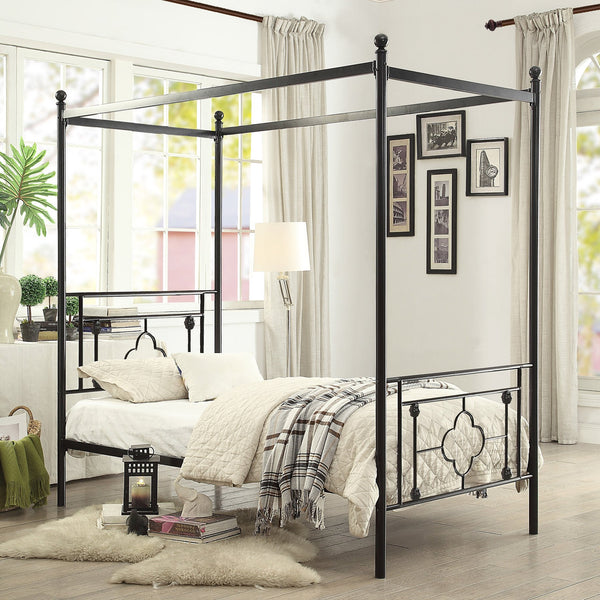 English Elm 1pc Twin Morris Platform Bed with Ball Finials Quatrefoil Metal Frame Modern-Traditional Appeal Black 78.5 L x 20.5 W x 4.25 H B011P207845