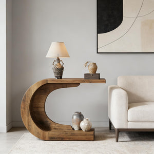 English Elm Contemporary Wave Silhouette Console Table Slim Engineered Wood Entryway Accent T3971P448043