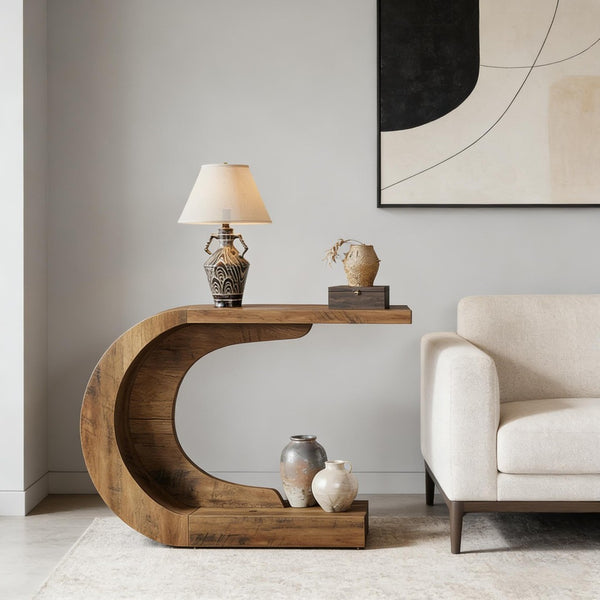 English Elm Contemporary Wave Silhouette Console Table Slim Engineered Wood Entryway Accent T3971P448043