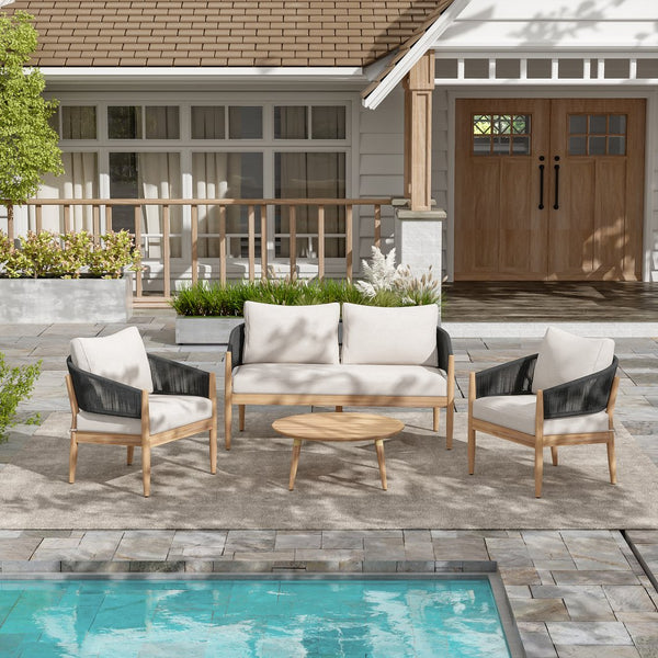 English Elm Christopher Knight Home® - Verona Acacia Wood Outdoor Chat Set with Plush Cushions, Hand-Braided Rope Accents, Weatherproof Finish Beige,Black,Natural VERONA4CTBLK