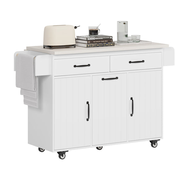 English Elm K&K Kitchen Island with Tilt-Out Trash Can, Drop Leaf Counter, Adjustable Shelf, Rolling Cart Ameican White Oak WF326381AAW
