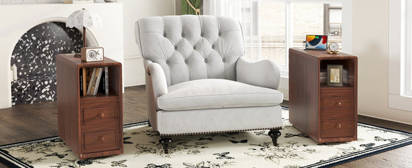 English Elm End Table With Charging Station, Ample Storage & Warm Walnut Finish For Bedroom Or Living Room W2593P289144