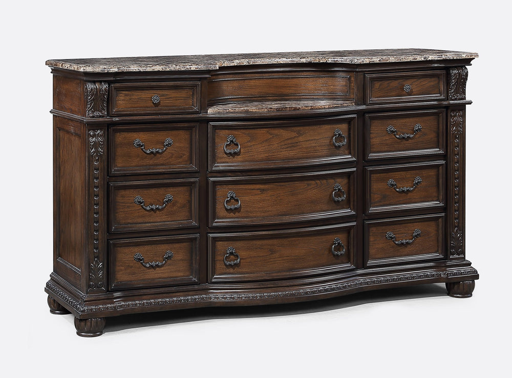 English Elm 1pc Marble Top Five Drawers Tall Chest with Intricate Moldings, Curved Silhouette & Antiqued Hardware Brown,Coffee 71.5 L x 25 W x 42.25 H B2741P366087