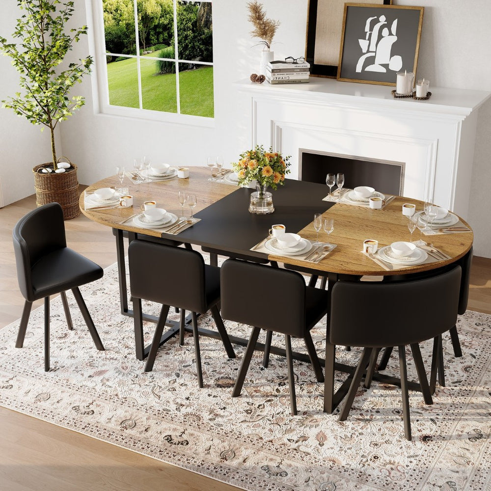 English Elm 9-piece Oval Dining Set Seats Eight with Two-tone Top and Pu Leather Chairs W3875S00105