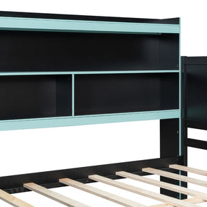 English Elm Full Size Gaming Bed Frame with Desk Led Lights Storage Drawers and Charging Station Black+Blue LP000289AAC