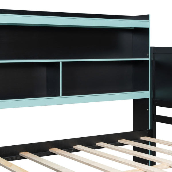 English Elm Full Size Gaming Bed Frame with Desk Led Lights Storage Drawers and Charging Station Black+Blue LP000289AAC