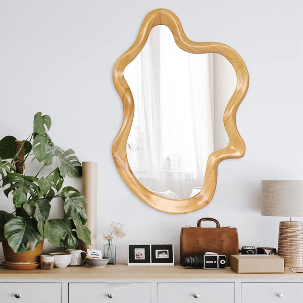 English Elm 33.46" Irregular Wall Mirror with Natural Wood Frame — Organic Flowing Shape, Clear Reflection, Easy Mounting W2295P365037