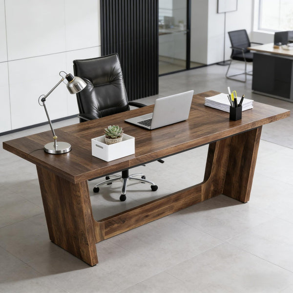English Elm Industrial Executive Wood Desk with Rustic Brown Veneer for Home Office Workspaces T3971P450979