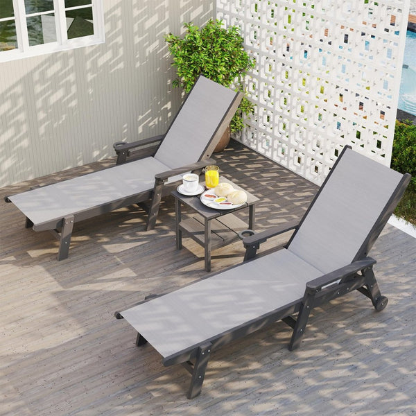 English Elm Lounge Outdoor Hdpe Reclining Chaise with Teslin Fabric Seat Wheels and Cup Holder Grey W1859P494836