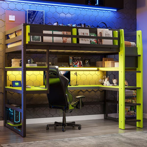 English Elm Twin Loft Bed with Rgb Lighting Usb Ports Wraparound Shelves and Gaming Desk Green LT000298AAF