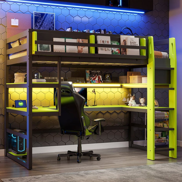 English Elm Twin Loft Bed with Rgb Lighting Usb Ports Wraparound Shelves and Gaming Desk Green LT000298AAF