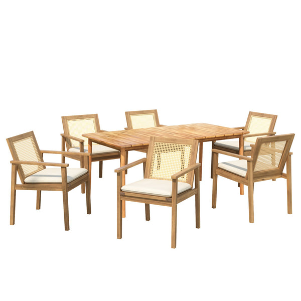 English Elm Christopher Knight Home® - Preston Acacia Outdoor 7PC Dining Set with 6 Beige Cushions, Weather‑Resistant Wood Table for Patio PRESTON7PDSET