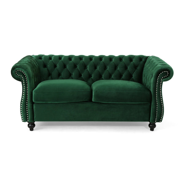 English Elm Christopher Knight Home® - LOVESEAT Plush Velvet Tufted Diamond Stitch with Nailhead Trim and Scrolled Arms for Luxe Comfort Emerald 63045.00NVLTEMD