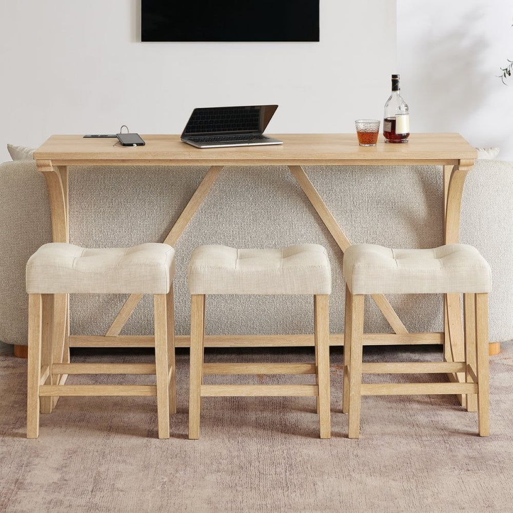 English Elm 59 Inch Bar Table Set with Power Outlet Rubberwood Frame and 3 Linen Stools Light Oak W2972P385256