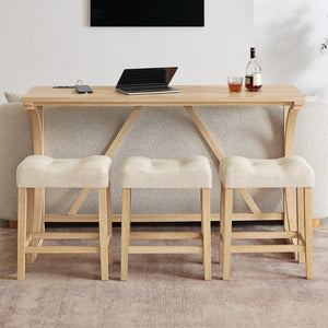 English Elm 59 Inch Bar Table Set with Power Outlet Rubberwood Frame and 3 Linen Stools Light Oak W2972P385256