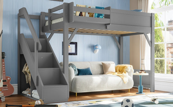 English Elm Twin Low Loft Bed Solid Pine Frame Kids Study Desk Blackboard Storage White Gray W1580S00467