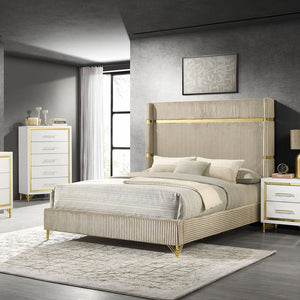 English Elm Malcolm Beige Upholstered Queen Bed with Glam Gold Bands, Plush Channeled Wingback Headboard, Modern Airy Design B062S01342