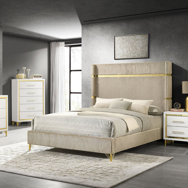 English Elm Malcolm Beige Upholstered Queen Bed with Glam Gold Bands, Plush Channeled Wingback Headboard, Modern Airy Design B062S01342