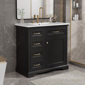 English Elm 36-Inch Modern Bathroom Vanity with Ceramic Basin, 4 Drawers & Soft-Close Door, Pre-Drilled Faucet Ready, Durable MDF and Solid Wood Construction (36"L x 18.3"W x 33.4"H) Black N725P296118B