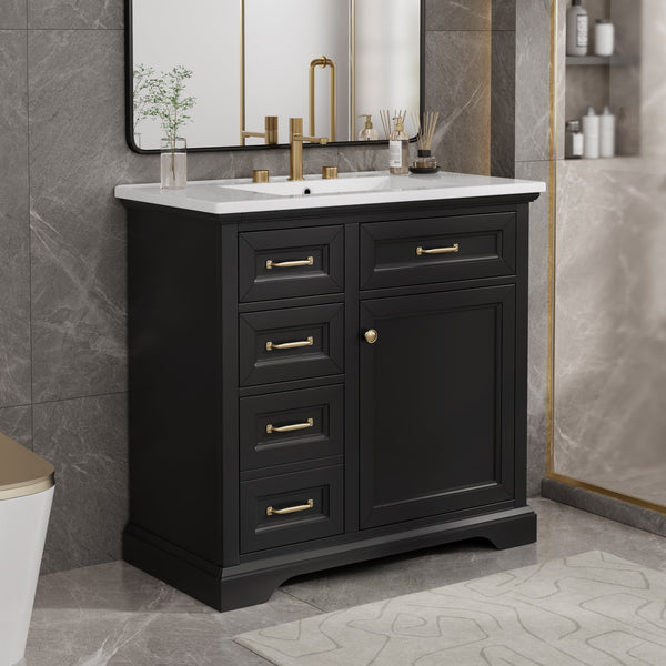 English Elm 36-Inch Modern Bathroom Vanity with Ceramic Basin, 4 Drawers & Soft-Close Door, Pre-Drilled Faucet Ready, Durable MDF and Solid Wood Construction (36"L x 18.3"W x 33.4"H) Black N725P296118B