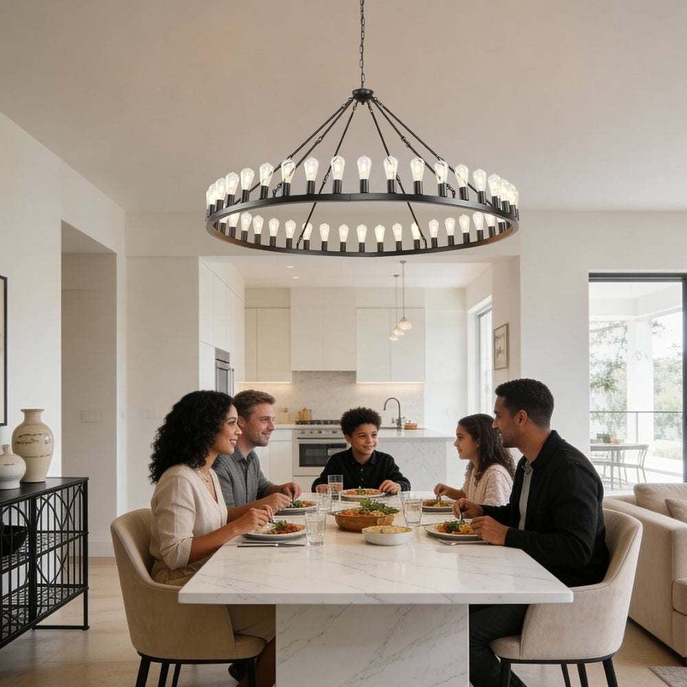 English Elm 64 Inch Wagon Wheel Chandelier 42 Light Matte Black Farmhouse Pendant for Vaulted Rooms W5008P389353