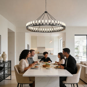 English Elm 64 Inch Wagon Wheel Chandelier 42 Light Matte Black Farmhouse Pendant for Vaulted Rooms W5008P389353