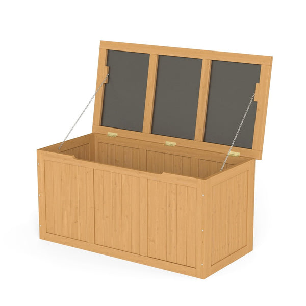 English Elm 67 Gallon Solid Wood Outdoor Deck Box with Hinged Lid Doubles as Patio Bench Seat W2640P327217