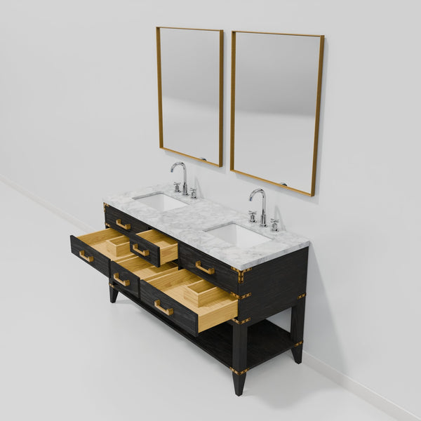 English Elm Black Oak Double Bath Vanity With Carrara Marble Top, Chrome Faucets & 28" Mirrors For Stylish Upgrade B2731S02196