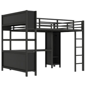 English Elm Metal Loft Bed With Wardrobe, L-Shaped Desk & Storage Cubes - Stylish Space-Saving Queen Solution W1580S00109