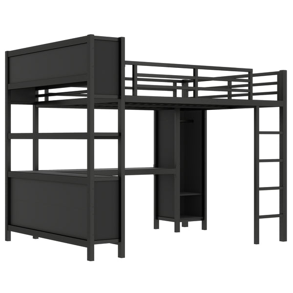 English Elm Metal Loft Bed With Wardrobe, L-Shaped Desk & Storage Cubes - Stylish Space-Saving Queen Solution W1580S00109