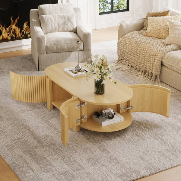 English Elm Oval Fluted Rubberwood Coffee Table with Open Storage Shelf for Living Room Natural N735P369880N