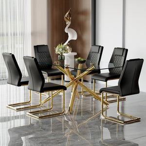 English Elm Table Set - Modern 7-Piece Dining Set With Transparent Tempered Glass Top & 6 Black Pu Chairs, Gold Legs W1151S02589-GIGA