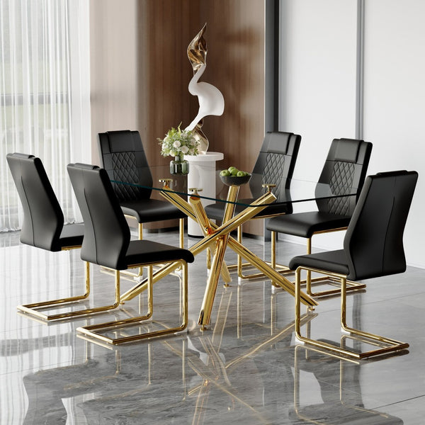 English Elm Table Set - Modern 7-Piece Dining Set With Transparent Tempered Glass Top & 6 Black Pu Chairs, Gold Legs W1151S02589-GIGA