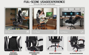 English Elm Deepfurniture Racing Style Gaming Chair Pu Leather Massage Lumbar Footrest Home Office Black White W3860P428632