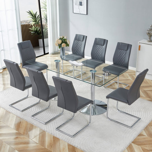 English Elm Table and Chair Set Tempered Glass Top Seats Eight with Pu Leather Dining Chairs Dark Gray,Silver,Transparent W1151S04551
