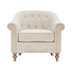 English Elm Tufted Martha Stewart Fayette Accent Chair — Rolled Arms, Button Tufting, Reclaimed Wood Legs, Removable Cushion, Durable Comfort B035129474