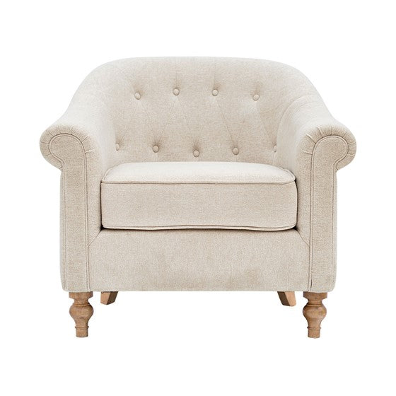 English Elm Tufted Martha Stewart Fayette Accent Chair — Rolled Arms, Button Tufting, Reclaimed Wood Legs, Removable Cushion, Durable Comfort B035129474