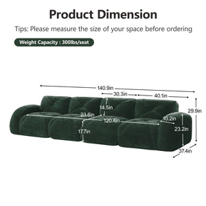 English Elm 140''soft Velvet Modular Cloud Sofa Tufted Plush Seating for Living Room or Home Theater Green W714S01615