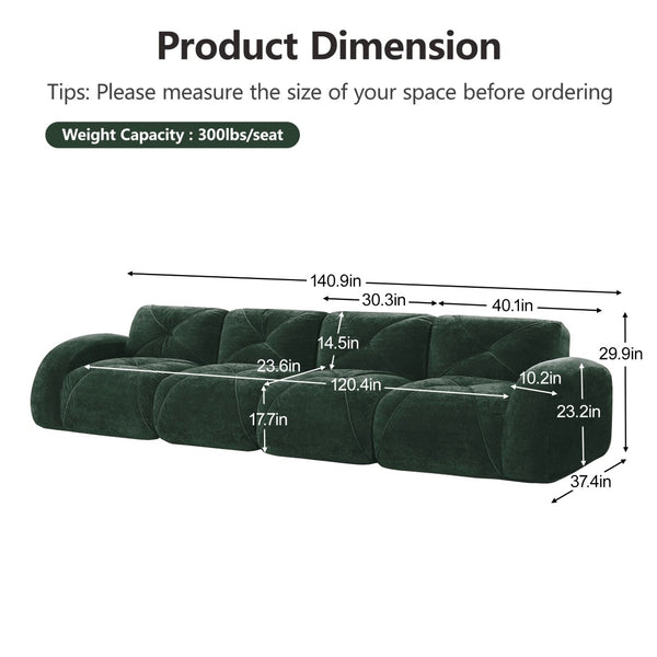 English Elm 140''soft Velvet Modular Cloud Sofa Tufted Plush Seating for Living Room or Home Theater Green W714S01615