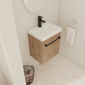 English Elm 18'' Floating Wall-Mounted Bathroom Vanity with Ceramic Sink, Soft-Close Door & Space-Saving Design Imitative Oak W999P236339