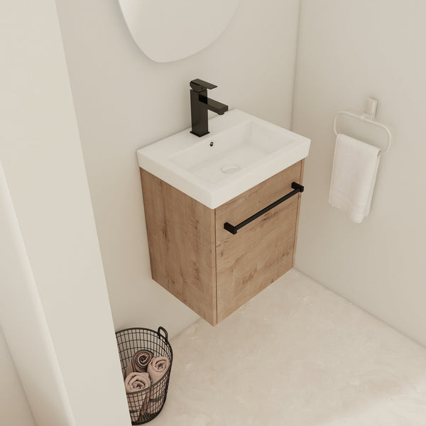 English Elm 18'' Floating Wall-Mounted Bathroom Vanity with Ceramic Sink, Soft-Close Door & Space-Saving Design Imitative Oak W999P236339