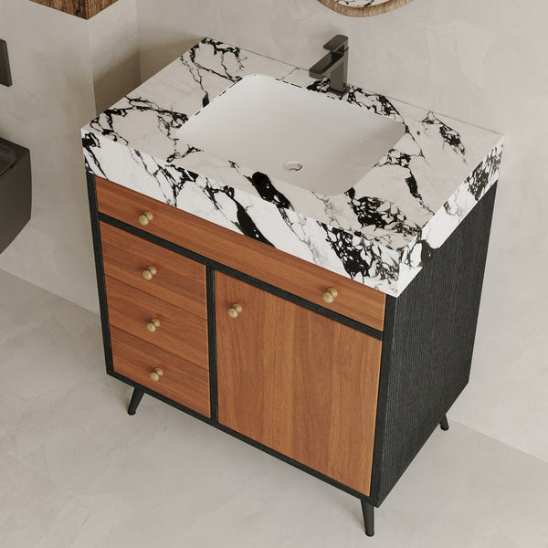 English Elm 29.9" Floating Bathroom Vanity Sintered Stone Top Soft Close Drawers Bronze Gold Hardware Black,Gold,Walnut,White W3136S00044