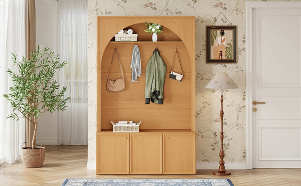 English Elm On-trend Farmhouse Hall Tree Arched Cabinet Storage Bench with Golden Hooks Mudroom Natural N721S000080D
