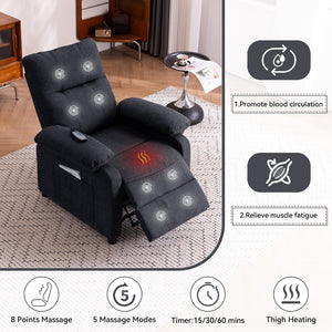 English Elm 019-160°recliner Plush Chenille Push Back Chair with Massage Heating for Seniors Black W2636P286683